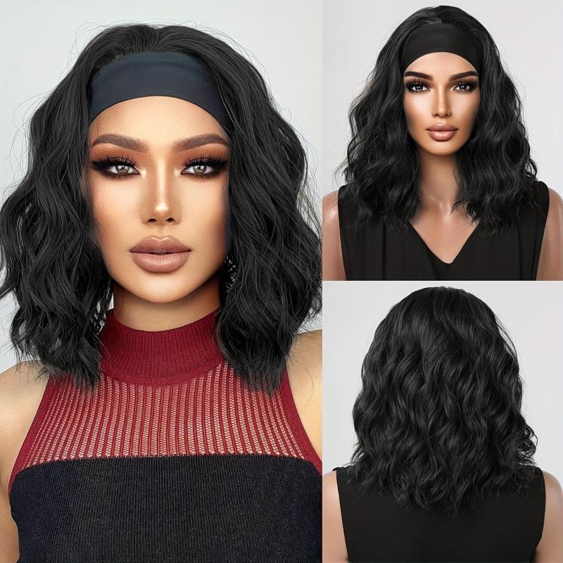 Short Wavy Bob Headband Wig Natural Curly Glueless Shoulder Length Wigs