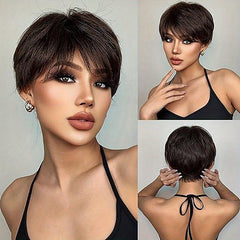 Gradient Brown Pixie Cut Wig Bangs Layered Straight Synthetic Hair