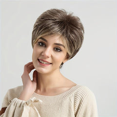 Gradient Brown Pixie Cut Wig Bangs Layered Straight Synthetic Hair