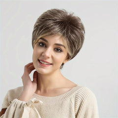 Gradient Brown Pixie Cut Wig Bangs Layered Straight Synthetic Hair
