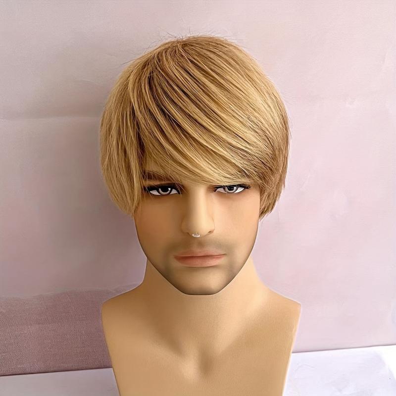 Yellow Gold Synthetic Wig with Bangs for Men