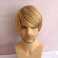 Yellow Gold Synthetic Wig with Bangs for Men