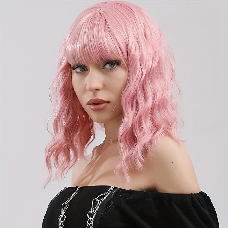 Pink 30 48 Cm Shoulder Length Hair Wig with Air Bangs for Women