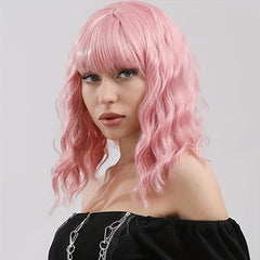 Pink 30 48 Cm Shoulder Length Hair Wig with Air Bangs for Women