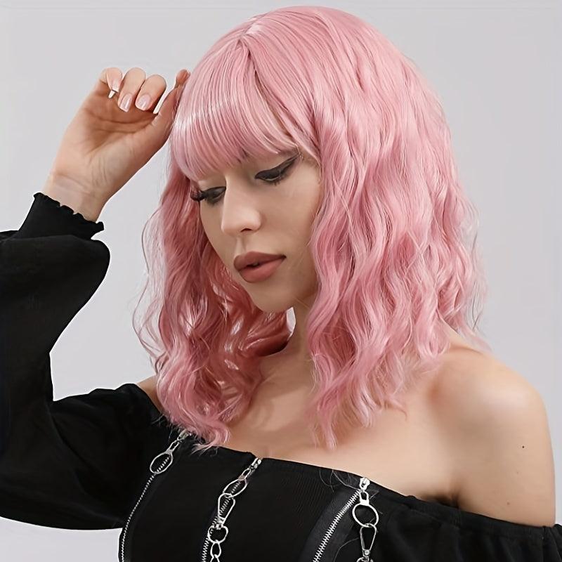 Pink 30 48 Cm Shoulder Length Hair Wig with Air Bangs for Women