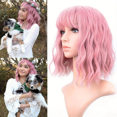 Pink 30 48 Cm Shoulder Length Hair Wig with Air Bangs for Women