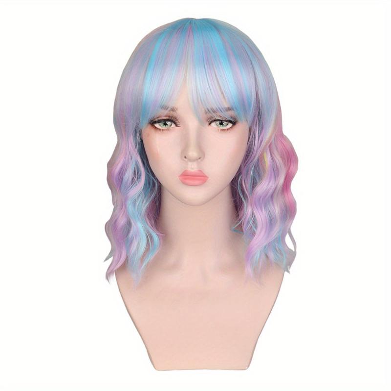 Curly Bob Cut Wigs With Bangs Synthetic Heat Resistant Fiber for Party Halloween