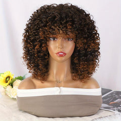 Brown Mix Afro Kinky Curly Wigs With Bangs 35 56 Cm Shoulder Length