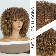 Brown Mix Afro Kinky Curly Wigs With Bangs 35 56 Cm Shoulder Length