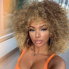 Brown Mix Afro Kinky Curly Wigs With Bangs 35 56 Cm Shoulder Length