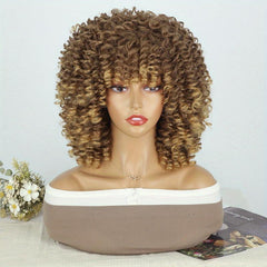 Brown Mix Afro Kinky Curly Wigs With Bangs 35 56 Cm Shoulder Length