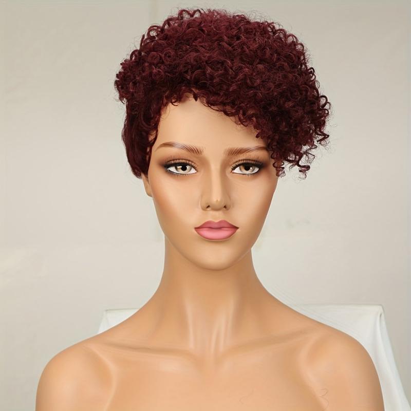 Pixie Short Cut Curly Human Hair Wigs With Bangs Full Machine Wigs
