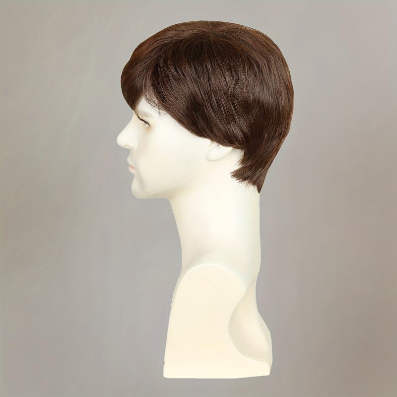 Brown Short Straight Hair Wigs For Men Full Machine Synthetic Fiber Hair Wigs