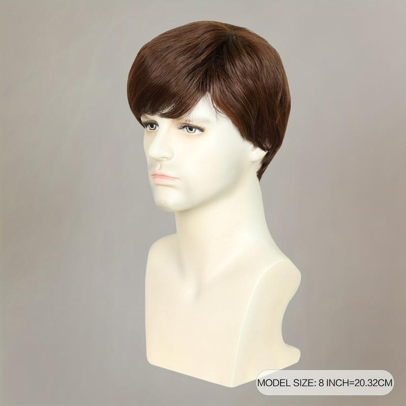 Brown Short Straight Hair Wigs For Men Full Machine Synthetic Fiber Hair Wigs