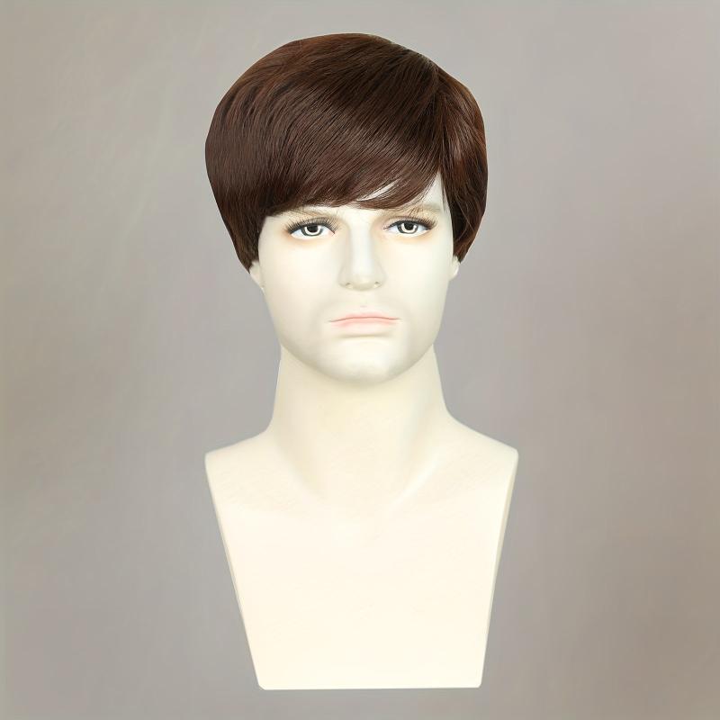 Brown Short Straight Hair Wigs For Men Full Machine Synthetic Fiber Hair Wigs