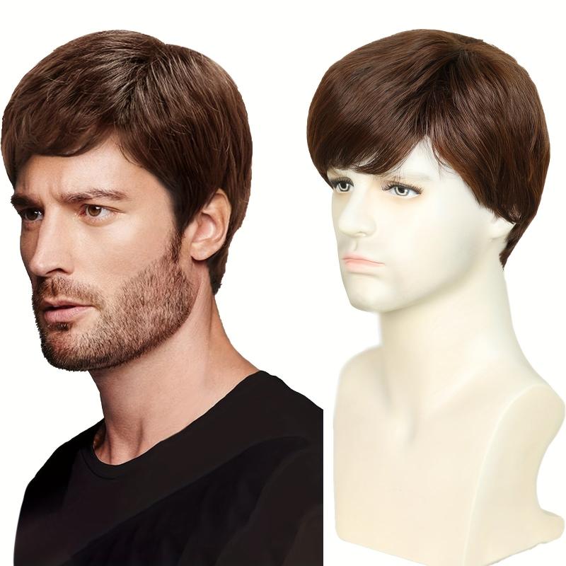 Brown Short Straight Hair Wigs For Men Full Machine Synthetic Fiber Hair Wigs