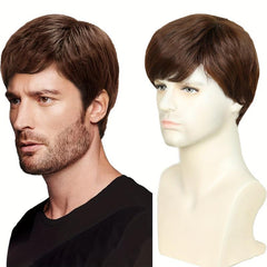 Brown Short Straight Hair Wigs For Men Full Machine Synthetic Fiber Hair Wigs