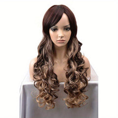 Dark Green Ombre Orange Long Curly Wavy Synthetic Hair Wig for Women