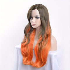 Dark Green Ombre Orange Long Curly Wavy Synthetic Hair Wig for Women