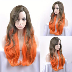 Dark Green Ombre Orange Long Curly Wavy Synthetic Hair Wig for Women