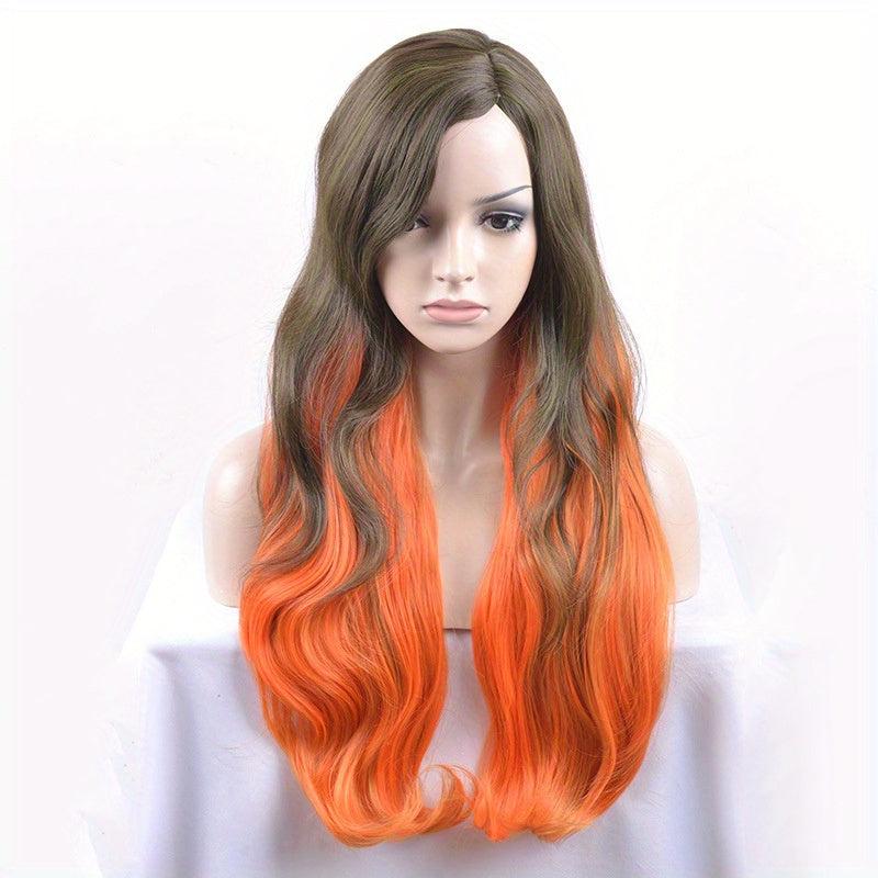 Dark Green Ombre Orange Long Curly Wavy Synthetic Hair Wig for Women