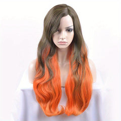 Dark Green Ombre Orange Long Curly Wavy Synthetic Hair Wig for Women