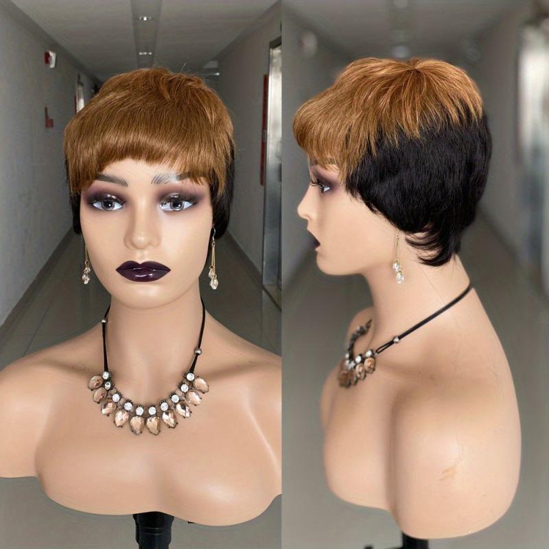 Red Pixie Cut Wig Human Hair Bob Wig with Bangs