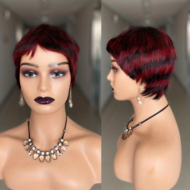 Red Pixie Cut Wig Human Hair Bob Wig with Bangs