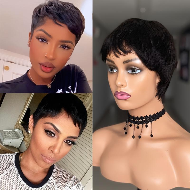 Red Pixie Cut Wig Human Hair Bob Wig with Bangs