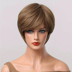 Brown Short Straight Bob Cut Wig With Bangs Synthetic Wig