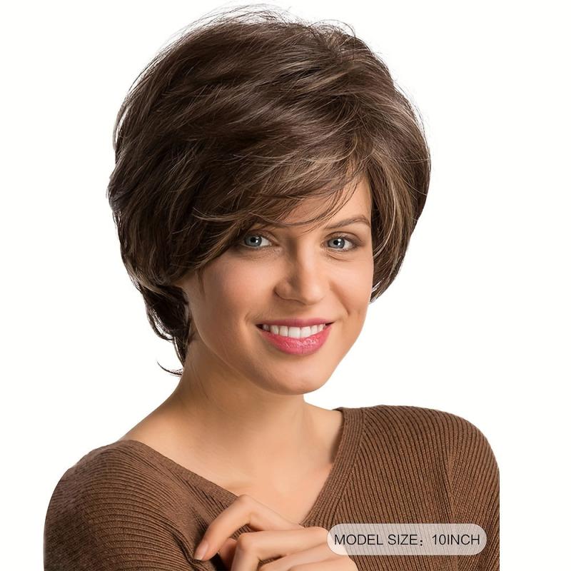 Brown Short Straight Bob Cut Wig With Bangs Synthetic Wig