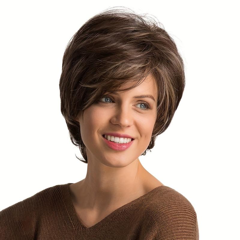 Brown Short Straight Bob Cut Wig With Bangs Synthetic Wig