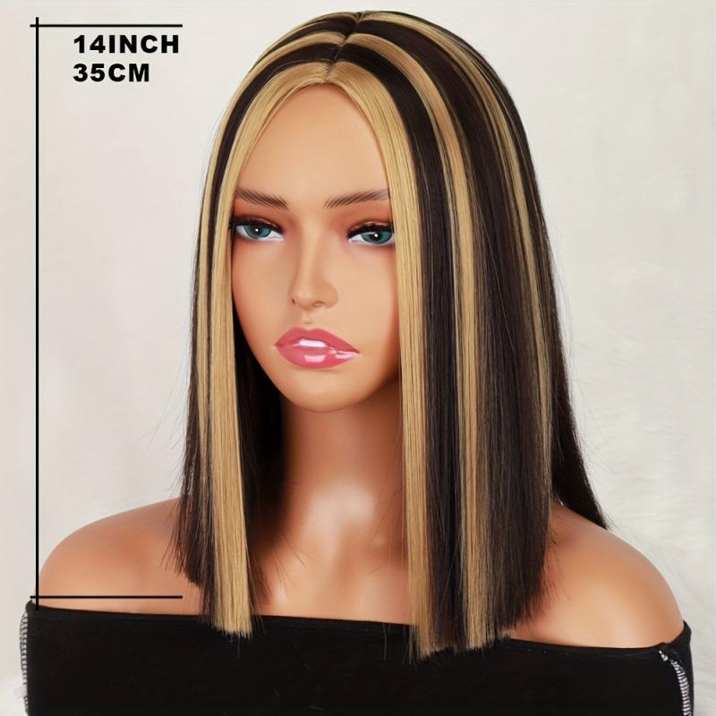 Black Blonde Straight Hair Wigs 35-56 cm Short Bob Middle Part Synthetic Wigs