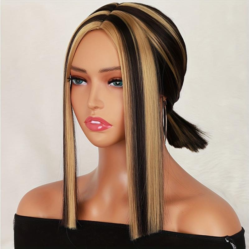 Black Blonde Straight Hair Wigs 35-56 cm Short Bob Middle Part Synthetic Wigs