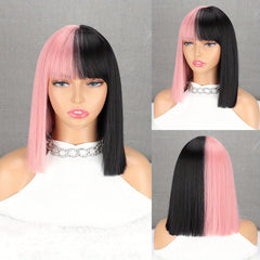 Green Burgundy Mixed Short Straight Wig With Bangs