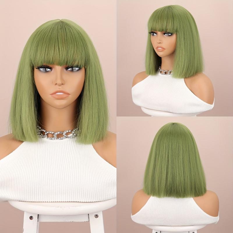 Green Burgundy Mixed Short Straight Wig With Bangs