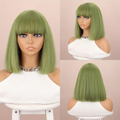 Green Burgundy Mixed Short Straight Wig With Bangs