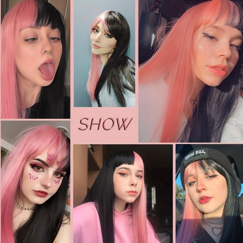 60 96 Cm Pink Straight Hair Wig w/ Bangs