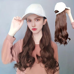 Long Curly Wavy Hair Wig With Baseball Cap Synthetic Fiber Hat Wig For Women