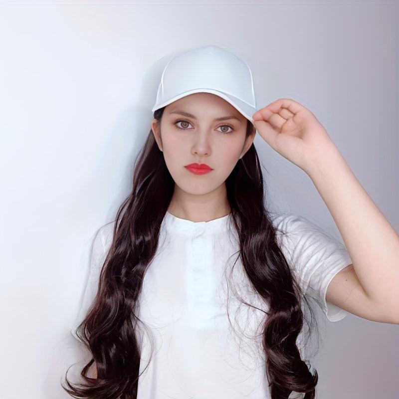 Long Curly Wavy Hair Wig With Baseball Cap Synthetic Fiber Hat Wig For Women