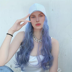 Long Curly Wavy Hair Wig With Baseball Cap Synthetic Fiber Hat Wig For Women