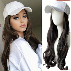 Long Curly Wavy Hair Wig With Baseball Cap Synthetic Fiber Hat Wig For Women