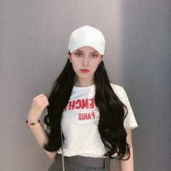 Long Curly Wavy Hair Wig With Baseball Cap Synthetic Fiber Hat Wig For Women