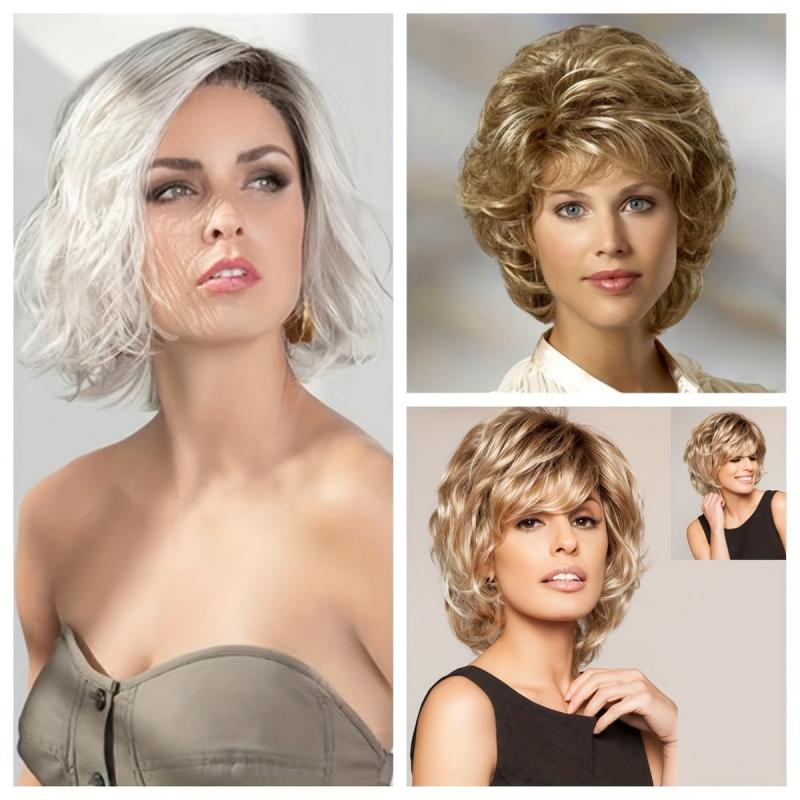 Short Curly Layered Wig Natural Synthetic Wigs for Parties