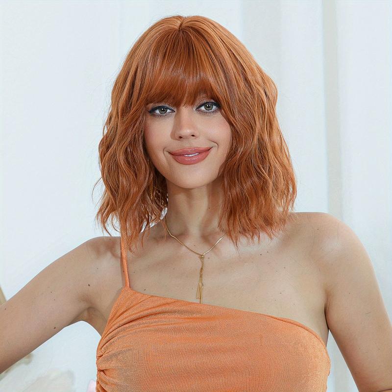 Short Purple Water Wavy Wig with Bangs