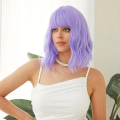 Short Purple Water Wavy Wig with Bangs