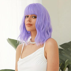 Short Purple Water Wavy Wig with Bangs