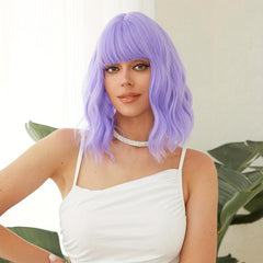 Short Purple Water Wavy Wig with Bangs