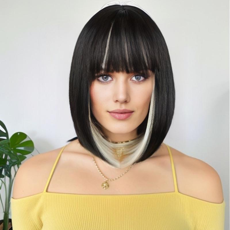 Short Bob Wig With Bangs Natural Synthetic Hair