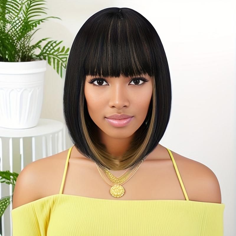 Short Bob Wig With Bangs Natural Synthetic Hair